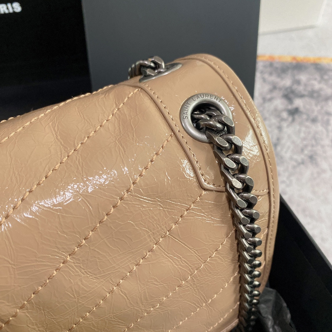Y*L NIKI MEDIUM IN VINTAGE LEATHER DARK BEIGE 11 X 7.8 X 3.3 INCHES