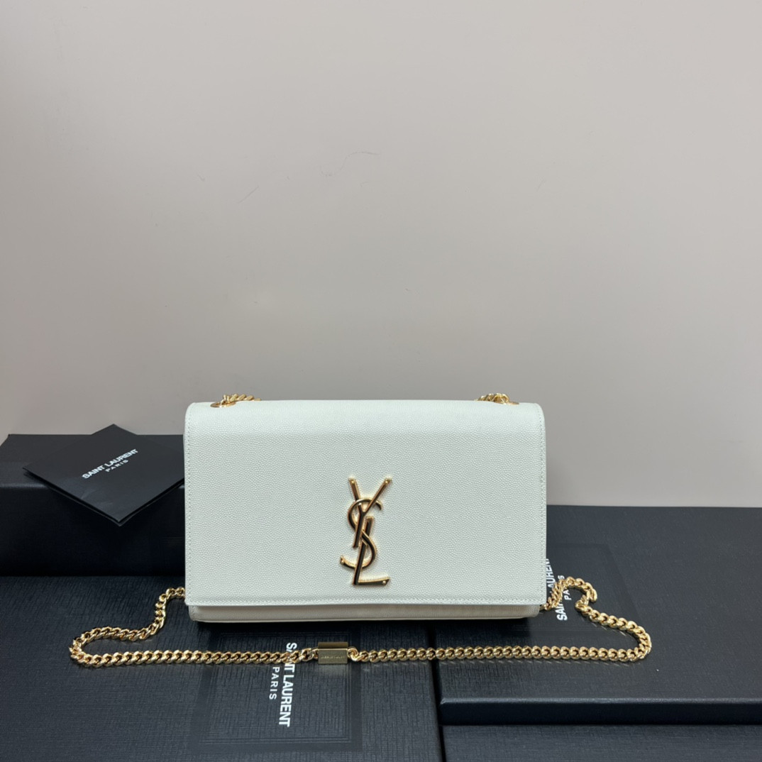 Y*L KATE MEDIUM IN GRAIN DE POUDRE EMBOSSED LEATHER WHITE GOLD 9.4 X 5.7 X 2.1 INCHES