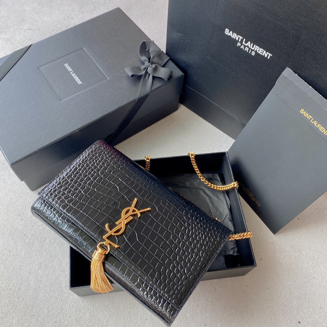 Y*L KATE MEDIUM TASSEL IN CROCODILE-EMBOSSED LEATHER BLACK 9.4 X 5.7 X 2.1 INCHES