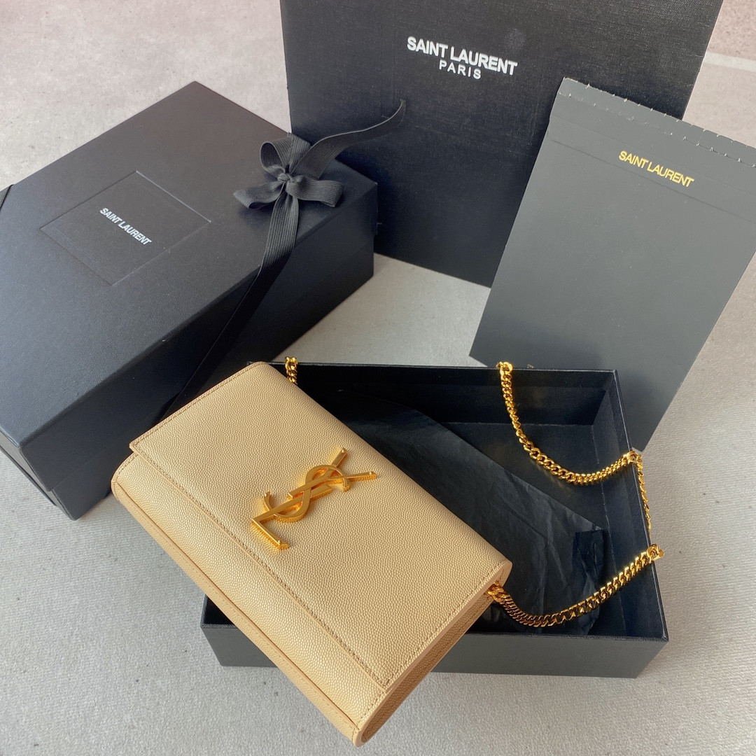 Y*L KATE SMALL IN GRAIN DE POUDRE EMBOSSED LEATHER LIGHT YELLOW GOLD 7.8 X 4.9 X 1.9 INCHES
