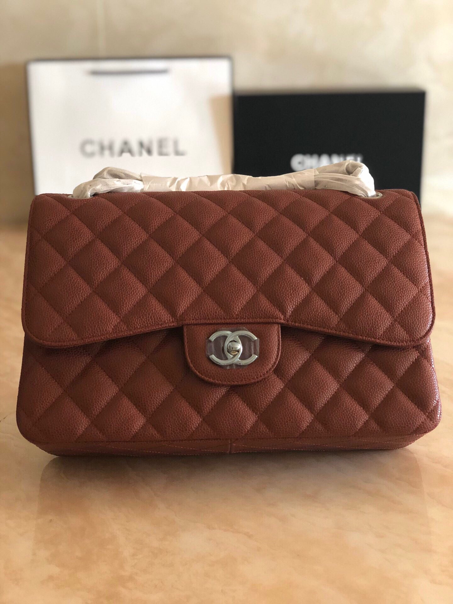 Ch*el Classic Flap Jumbo 30cm CF Silver Hardware 7.6 × 11.7 × 3.9 in