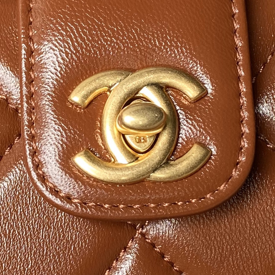 Ch*el MINI BAG WITH TOP HANDLE  Shiny Lambskin & Gold-Tone Metal Brown 12 × 18 × 7 cm