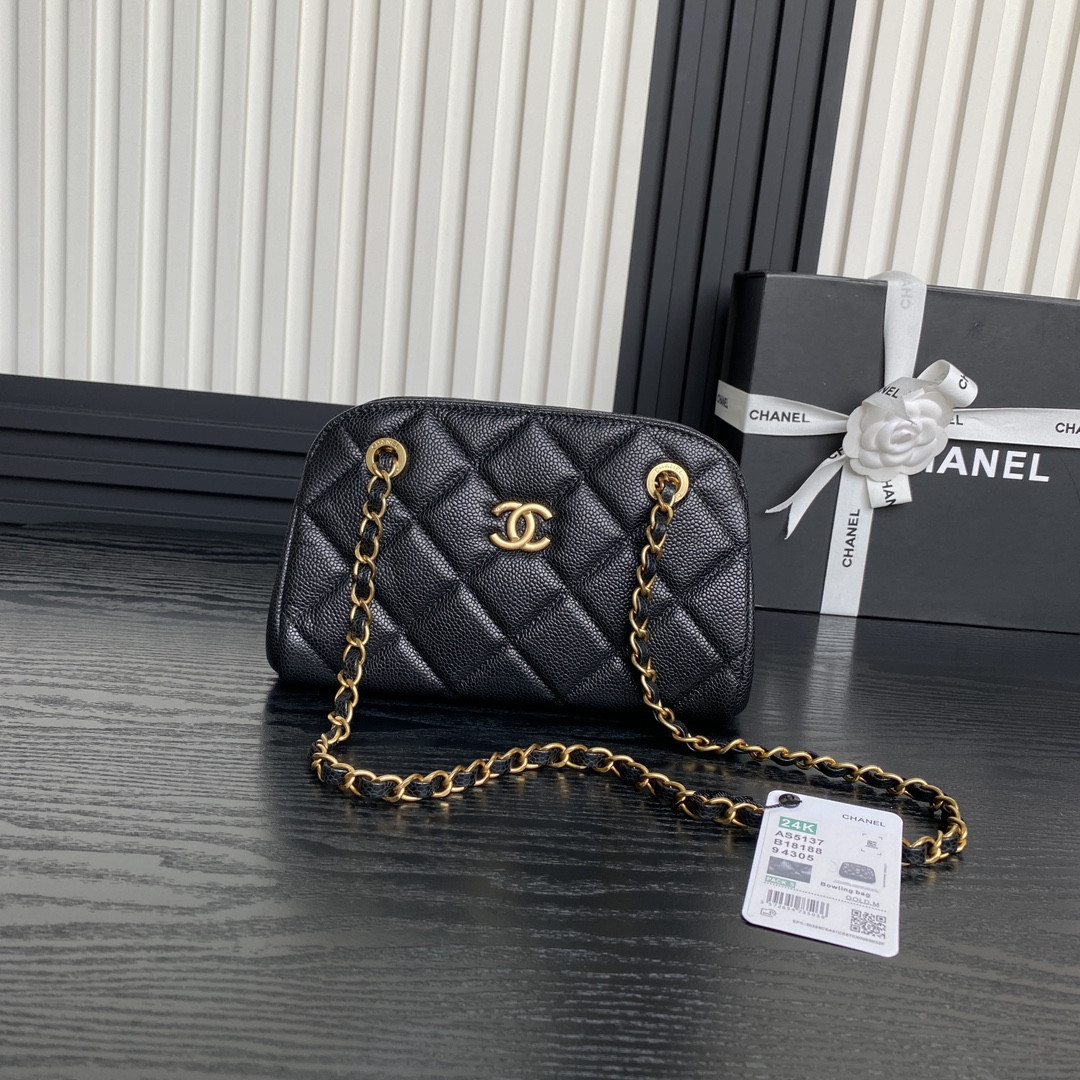 Ch*el Small Bowling Bag Grained Shiny Calfskin 14x22x9cm